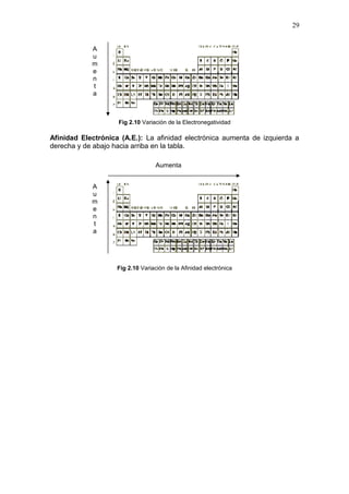 Fig 2.10 Variación de la Electronegatividad
Afinidad Electrónica (A.E.): La afinidad electrónica aumenta de izquierda a
derecha y de abajo hacia arriba en la tabla.
Fig 2.10 Variación de la Afinidad electrónica
29
A
u
m
e
n
t
a
Aumenta
A
u
m
e
n
t
a
 