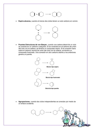  Espiro-alcanos, cuando al menos dos ciclos tienen un solo carbono en común.
 Puentes Estructuras de von Baeyer, cuando una cadena lateral de un ciclo
se conecta en un carbono cualquiera. Si se conectara en el carbono de unión
del ciclo con la cadena, se tendría un compuesto espiro. Si la conexión fuera
sobre el carbono vecinal de unión del ciclo con la cadena, se tendría un
compuesto fusionado. Una conexión en otro carbono distinto a los anteriores
genera un puente.
 Agrupaciones, cuando dos ciclos independientes se conectan por medio de
un enlace covalente.
 