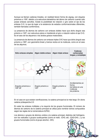 Aunque se llaman cadenas lineales, en realidad tienen forma de zigzag, con ángulos
próximos a 109º, debido a la estructura tetraédrica del átomo de carbono cuando sólo
posee enlaces sencillos. Existe la posibilidad de rotación o giro sobre el eje de los
enlaces C-C, lo que da lugar a la existencia de estados conformacionales diferentes,
también llamados confórmeros.
La presencia de átomos de carbono con enlaces dobles hace que dicho ángulo sea
próximo a 120º, con estructura plana e impidiendo el giro o rotación sobre el eje C=C.
Es el caso de los alquenos o los ácidos grasos insaturados.
La presencia de átomos de carbono con enlaces triples C≡C hace que dicho ángulo sea
próximo a 180º, con geometría lineal y tramos rectos en la molécula, como en el caso
de los alquinos.
Sólo enlaces simples Algún doble enlace Algún triple enlace
Cadenas
carbonadas
largas y complejas
Ángulos próximos a
109º 28'
Ángulo próximo a
120º
Ángulo próximo a
180º
Arrollamientos en
forma
de hélice en una
molécula
de proteína.
En el caso en que existan ramificaciones, la cadena principal es la más larga. En dicha
cadena prdesparche 2.0
En estar los enlaces múltiples y la mayoría de los grupos funcionales. El número de
átomos de carbono de la cadena principal se utiliza para nombrar dichos compuestos
según las reglas de la nomenclatura IUPAC.
Los átomos o grupos de átomos unidos a la cadena principal, distintos del hidrógeno,
son los radicales o grupos sustituyentes (como el metil, -CH3; etil, -CH2-CH3...) y los
grupos funcionales (como el grupo alcohol, -OH).
 