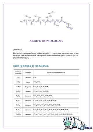 SERIES HOMOLOGAS.
¿Qué son?
Una serie homologa es la que está constituida por un grupo de compuestos en la que
cada uno de sus miembros se distingue de inmediatamente superior o inferior por un
grupo metileno (CH2-).
Serie homologa de los Alcanos.
 