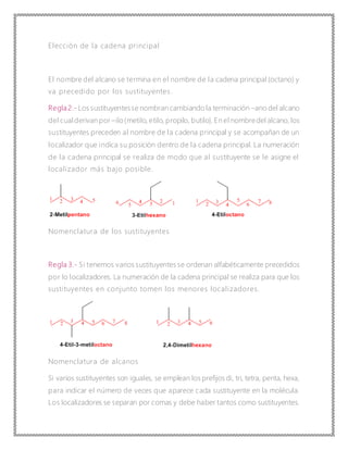 Elección de la cadena principal
El nombre del alcano se termina en el nombre de la cadena principal (octano) y
va precedido por los sustituyentes.
Regla 2.- Los sustituyentesse nombran cambiando la terminación –ano del alcano
del cualderivan por –ilo(metilo, etilo, propilo, butilo). En el nombredel alcano, los
sustituyentes preceden al nombre de la cadena principal y se acompañan de un
localizador que indica su posición dentro de la cadena principal. La numeración
de la cadena principal se realiza de modo que al sustituyente se le asigne el
localizador más bajo posible.
Nomenclatura de los sustituyentes
Regla 3.- Si tenemos varios sustituyentes se ordenan alfabéticamente precedidos
por lo localizadores. La numeración de la cadena principal se realiza para que los
sustituyentes en conjunto tomen los menores localizadores.
Nomenclatura de alcanos
Si varios sustituyentes son iguales, se emplean los prefijos di, tri, tetra, penta, hexa,
para indicar el número de veces que aparece cada sustituyente en la molécula.
Los localizadores se separan por comas y debe haber tantos como sustituyentes.
 