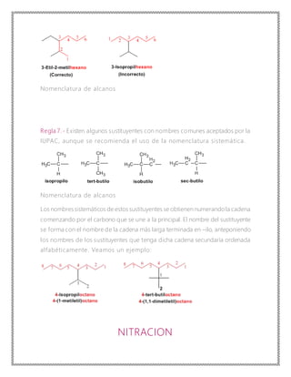 Nomenclatura de alcanos
Regla 7.- Existen algunos sustituyentes con nombres comunes aceptados por la
IUPAC, aunque se recomienda el uso de la nomenclatura sistemática.
Nomenclatura de alcanos
Los nombressistemáticos de estos sustituyentes se obtienen numerandola cadena
comenzando por el carbono que se une a la principal. El nombre del sustituyente
se forma con el nombre de la cadena más larga terminada en –ilo, anteponiendo
los nombres de los sustituyentes que tenga dicha cadena secundaria ordenada
alfabéticamente. Veamos un ejemplo:
NITRACION
 