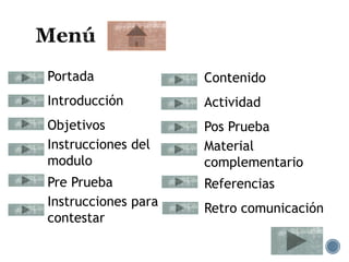 Portada
Introducción
Objetivos
Instrucciones del
modulo
Pre Prueba
Instrucciones para
contestar
Contenido
Actividad
Pos Prueba
Material
complementario
Referencias
Retro comunicación
 