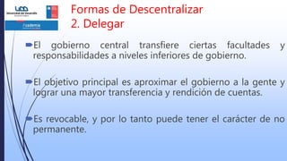 Formas de Descentralizar
2. Delegar
El gobierno central transfiere ciertas facultades y
responsabilidades a niveles inferiores de gobierno.
El objetivo principal es aproximar el gobierno a la gente y
lograr una mayor transferencia y rendición de cuentas.
Es revocable, y por lo tanto puede tener el carácter de no
permanente.
 