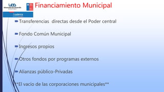 Financiamiento Municipal
Transferencias directas desde el Poder central
Fondo Común Municipal
Ingresos propios
Otros fondos por programas externos
Alianzas público-Privadas
**El vacío de las corporaciones municipales**
 