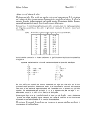 Liliana Orellana Marzo 2001, 19
¿Cómo elegir el número de tallos?
El número de tallos debe ser tal que permita mostrar una imagen general de la estructura
del conjunto de datos. Aunque existen algunos criterios para definir el número de tallos, la
decisión depende fundamentalmente del sentido común. Demasiados detalles distraen,
demasiado agrupamiento puede distorsionar la imagen del conjunto.
Consideremos el siguiente ejemplo con datos sobre consumo diario per cápita de proteínas
en 32 países desarrollados. Los datos se presentan ordenados de menor a mayor por
simplicidad.
Tabla 3. Consumo de proteínas per cápita en países desarrollados.
7.83 9.03 10.56
8.06 9.16 10.52
8.45 9.23 10.75
8.49 9.34 10.86
8.53 9.39 10.89
8.60 9.42 11.07
8.64 9.56 11.27
8.70 9.89 11.36
8.75 10.00 11.58
8.92 10.28 11.76
8.93 10.41
Seleccionando como tallo la unidad obtenemos el gráfico de tallo-hojas de la izquierda de
la Figura 4.
Figura 4. Variaciones de los tallos. Datos de consumo de proteínas per cápita.
7
8
9
10
11
8
0 4 4 5 6 6 7 7 9 9
0 1 2 3 3 4 5 8
0 2 4 5 5 7 8 8
0 2 3 5 7
7
8
8
9
9
10
10
11
11
8
0 4 4
5 6 6 7 7 9 9
0 1 2 3 3 4
5 8
0 2 4
5 5 7 8 8
0 2 3
5 7
En este gráfico se acumula un número importante de hojas en cada tallo, por lo que
podríamos estar perdiendo información acerca de la estructura de los datos. Dividiremos
cada tallo en dos, es decir, representaremos dos veces cada tallo, la primera vez que este
aparezca irá acompañado por las hojas 0 a 4 y la segunda vez por las hojas 5 a 9.
Obtenemos, entonces, el gráfico de la derecha de la Figura 4.
Como puede observarse, al expandir la escala se observan más detalles y parece haber dos
“grupos” de países, uno con mayor consumo per cápita de proteínas y otro con menor
consumo, ya que la distribución de la variable tiene dos picos.
El problema de expandir la escala es que comienzan a aparecer detalles superfluos, o
simplemente atribuibles al azar.
 
