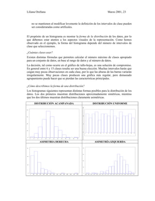 Liliana Orellana Marzo 2001, 23
no se mantienen al modificar levemente la definición de los intervalos de clase pueden
ser consideraradas como artificales.
El propósito de un histograma es mostrar la forma de la distribución de los datos, por lo
que debemos estar atentos a los aspectos visuales de la representación. Como hemos
observado en el ejemplo, la forma del histograma depende del número de intervalos de
clase que seleccionemos.
¿Cuántas clases usar?
Existen distintas fórmulas que permiten calcular el número máximo de clases apropiado
para un conjunto de datos, en base al rango de datos y al número de datos.
La decisión, tal como ocurre en el gráfico de tallo-hojas, es una solución de compromiso.
En general entre 6 y 15 clases resulta ser una buena elección. Muchas intervalos harán que
caigan muy pocas observaciones en cada clase, por lo que las alturas de las barras variarán
irregularmente. Muy pocas clases producen una gráfica más regular, pero demasiado
agrupamiento puede hacer que se pierdan las características prinicipales.
¿Cómo describimos la forma de una distribución?
Los histogramas siguientes representan distintas formas posibles para la distribución de los
datos. Los dos primeros muestran distribuciones aproximadamente simétricas, mientras
que los dos últimos muestran distribuciones claramente asimétricas.
DISTRIBUCIÓN ACAMPANADA DISTRIBUCIÓN UNIFORME
2 4 6 8 10 12 14 16 18 20 22 24 26
0
20
40
60
80
1 2 3 4 5 6 7 8 9 1 0 1 1 1 2 1 3 1 4 1 5 1 6 1 7
0
4
8
2
ASIMETRIA DERECHA ASIMETRÍA IZQUIERDA
0 400 800 1200 1600 2000 2400 2800 3200 3600 4000 4400 4800 5200 5600
0
40
80
120
-0.68 -0.66 -0.64 -0.62 -0.60 -0.58 -0.56 -0.54 -0.52 -0.50 -0.48 -0.46 -0.44 -0.42 -0.40 -0.38 -0.36 -0.34
0
20
40
60
80
 