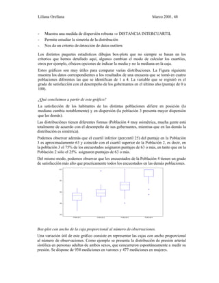 Liliana Orellana Marzo 2001, 48
- Muestra una medida de dispersión robusta ⇒ DISTANCIA INTERCUARTIL
- Permite estudiar la simetría de la distribución
- Nos da un criterio de detección de datos outliers
Los distintos paquetes estadísticos dibujan box-plots que no siempre se basan en los
criterios que hemos detallado aquí, algunos cambian el modo de calcular los cuartiles,
otros por ejemplo, ofrecen opciones de indicar la media y no la mediana en la caja.
Estos gráficos son muy útiles para comparar varias distribuciones. La Figura siguiente
muestra los datos correspondientes a los resultados de una encuesta que se tomó en cuatro
poblaciones diferentes las que se identifican de 1 a 4. La variable que se registró es el
grado de satisfacción con el desempeño de los gobernantes en el último año (puntaje de 0 a
100).
¿Qué concluimos a partir de este gráfico?
La satisfacción de los habitantes de las distintas poblaciones difiere en posición (la
mediana cambia notablemente) y en dispersión (la población 3 presenta mayor dispersión
que las demás).
Las distribuciónes tienen diferentes formas (Población 4 muy asimétrica, mucha gente está
totalmente de acuerdo con el desempeño de sus gobernantes, mientras que en las demás la
distribución es simétrica).
Podemos observar además que el cuartil inferior (percentil 25) del puntaje en la Población
3 es aproximadamente 63 y coincide con el cuartil superior de la Población 2, es decir, en
la población 3 el 75% de los encuestados asignaron puntajes de 63 o más, en tanto que en la
Población 2 sólo el 25% asignaron puntajes de 63 o más.
Del mismo modo, podemos observar que los encuestados de la Población 4 tienen un grado
de satisfacción más alto que practicamente todos los encuestados en las demás poblaciones.
POBLAC1 POBLAC2 POBLAC3 POBLAC4
20
40
60
80
100
Box-plot con ancho de la caja proporcional al número de observaciones.
Una variación útil de este gráfico consiste en representar las cajas con ancho proporcional
al número de observaciones. Como ejemplo se presenta la distribución de presión arterial
sistólica en personas adultas de ambos sexos, que concurreron espontáneamente a medir su
presión. Se dispone de 934 mediciones en varones y 477 mediciones en mujeres.
 