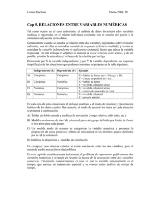 Liliana Orellana Marzo 2001, 50
Cap 5. RELACIONES ENTRE VARIABLES NUMÉRICAS
Tal como ocurre en el caso univariado, el análisis de datos bivariados (dos variables
medidas o registradas en el mismo individuo) comienza con el estudio del patrón o la
estructura subyacente en los datos.
Generalmente cuando se estudia la relación entre dos variables, registradas sobre el mismo
individuo, una de ellas se considera variable de respuesta (efecto o resultado) y la otra se
considera la variable independiente o explicatoria (potencial factor que afecta la variable
respuesta). En este enfoque el objetivo es analizar si existe relación entre ambas, y de ser
posible, estudiar la naturaleza y la fuerza de la relación que las liga.
Denotando por X la variable independiente y por Y la variable dependiente, un esquema
simplificado de las situaciones que podemos encontrar se propone en la tabla siguiente.
Independiente (X) Dependiente (Y) Ejemplo
A) Categórica Categórica X = hábito de fumar (no / <10 cig / ≥ 10)
Y = cáncer de pulmón (si / no)
B) Categórica Numérica X = hábito de fumar
Y = nivel de colesterol sérico
C) Numérica Categórica X = nivel de colesterol sérico
Y = infarto de miocardio (si / no)
D) Numérica Numérica X = nivel de colesterol
Y = presión arterial
En cada una de estas situaciones el enfoque analítico y el modo de resumen y presentación
habitual de los datos cambia. Brevemente, el modo de resumir los datos en cada situación
se presenta a continuación.
A) Tablas de doble entrada y medidas de asociación (riesgo relativo, odds ratio, etc.).
B) Medidas resúmenes de nivel de colesterol para cada grupo definido por hábito de fumar
o box-plots para cada grupo.
C) Un posible modo de resumir es categorizar la variable numérica y presentar la
proporción de casos positivos (infarto de miocardio) en los distintos grupos definidos
por nivel de colesterol.
D) Gráficos de dispersión y medidas de correlación.
En cualquier caso interesa estudiar si existe asociación entre las dos variables, pero el
modo de medir asociación o efecto difiere.
En este capítulo consideraremos únicamente el problema de representar gráficamente dos
variables numéricas y el modo de resumir la fuerza de la asociación entre dos variables
numéricas. Finalmente consideraremos el caso en que la variable independiente es el
tiempo, que merece un tratamiento especial y se conoce como análisis de seriees de
tiempo.
 