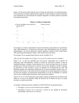 Liliana Orellana Marzo 2001, 52
Figura 1 b) No parece haber relación entre el tiempo de internación y la edad del paciente.
Si nos ubicamos en alguna edad particular, digamos 50 años, podemos encontrar pacientes
cuya internación tuvo una duración de cualquier magnitud. La nube de puntos no presenta
una tendencia particular.
Figura 2. Gráficos de dispersión
a) Tasa de natalidad versus número de
aparatos de TV
b)Datos ficticios.
B
TV
0 20 40 60 80
10
20
30
40
50
y
x
0 5 10 15
50
100
150
En la Figura 2 a) hemos representado la tasa de nacimiento cruda (número de nacimientos
cada 1000 habitantes) y el número de televisores cada 100 habitantes para 26 naciones
(desarrolladas y en vías de desarrollo). Fuente: Statistical Abstract of the United States,
1995 and Human Development Report, 1995, Oxford University Press.
En la Figura 2 b) se muestran datos ficticios de dos variables X e Y.
¿Qué nos dicen los gráficos de la Figura 2 acerca de la relación entre las variables?
Figura 2 a). La tasa de natalidad está inversamente relacionada con el número de
televisores cada 100 habitantes. Cuando el número de televisores aumenta, la tasa de
natalidad disminuye. Además, el decrecimiento no es lineal (una línea recta no es un buen
modelo para el tipo de relación que se observa entre las dos variables). Cuando el número
de televisores es bajo (cercano a cero), un aumento de 20 televisores por cada 100
habitantes produce una importante disminución de la tasa de natalidad, mientras que si el
número de televisores es alto (más de 40), un aumento de la misma magnitud en el número
de televisores produce una disminución despreciable en la tasa de natalidad. La relación
entre las dos variables podría describirse como exponencial negativa.
Figura 2 b). X e Y están fuertemente relacionadas, podemos proponer que la relación entre
ambas es curvilínea. No podemos hablar de dirección de la relación ya que es en parte
creciente y en parte decreciente.
Al estudiar la relación entre dos variables CUANTITATIVAS. En general interesa:
Investigar si existe asociación entre las dos variables.
Cuantificar la fuerza de la asociación, a través de una medida de asociación
denominada coeficiente de correlación.
 