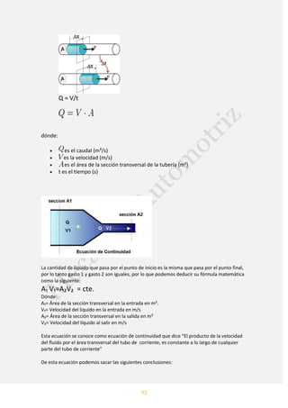 23
Q = V/t
dónde:
es el caudal (m³/s)
es la velocidad (m/s)
es el área de la sección transversal de la tubería (m²)
t es el tiempo (s)
La cantidad de líquido que pasa por el punto de inicio es la misma que pasa por el punto final,
por lo tanto gasto 1 y gasto 2 son iguales, por lo que podemos deducir su fórmula matemática
como la siguiente:
A₁ V₁=A₂V₂ = cte.
Dónde:
A₁= Área de la sección transversal en la entrada en m².
V₁= Velocidad del líquido en la entrada en m/s
A₂= Área de la sección transversal en la salida en m²
V₂= Velocidad del líquido al salir en m/s
Esta ecuación se conoce como ecuación de continuidad que dice “El producto de la velocidad
del fluido por el área transversal del tubo de corriente, es constante a lo largo de cualquier
parte del tubo de corriente”
De esta ecuación podemos sacar las siguientes conclusiones:
 