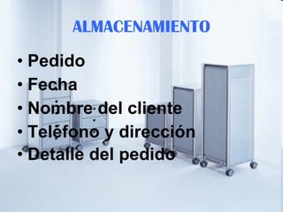 ALMACENAMIENTO Pedido Fecha  Nombre del cliente Teléfono y dirección Detalle del pedido   
