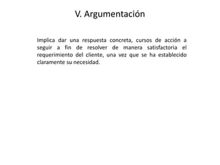 V. Argumentación
Implica dar una respuesta concreta, cursos de acción a
seguir a fin de resolver de manera satisfactoria el
requerimiento del cliente, una vez que se ha establecido
claramente su necesidad.
 
