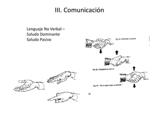 III. Comunicación
Lenguaje No Verbal –
Saludo Dominante
Saludo Pasivo
 