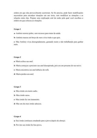 ordem em que elas provavelmente ocorreram. Se for preciso, pode fazer modificações
necessárias para encadear situações em um texto, sem modificar as situações e as
relações entre elas. Prepare uma explicação oral da razão pela qual você escolheu a
ordem em que colocou as situações.
Grupo 1
a- Antônio morreu pobre, sem recursos para tratar da saúde.
b- Antônio nasceu em berço de ouro e teve tudo o que quis.
c- Mas Antônio viveu desregradamente, gastando muito e não trabalhando para ganhar
mais.
Grupo 2
a- Maria achou seu anel.
b- Maria começou a procurar seu anel desesperada, pois era um presente de seu noivo.
c- Maria encontrou seu anel debaixo do sofá.
d- Maria perdeu seu anel.
Grupo 3
a- Meu irmão era muito sadio.
b- Meu irmão sarou.
c- Meu irmão fez um tratamento.
d- Mas um dia meu irmão adoeceu.
Grupo 4
a- Seu irmão continuou estudando para a prova depois do almoço.
b- Por isto seu irmão fez boa prova.
 