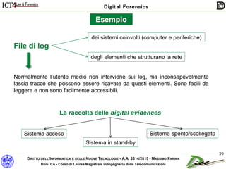 DIRITTO DELL’INFORMATICA E DELLE NUOVE TECNOLOGIE - A.A. 2014/2015 - MASSIMO FARINA
Univ. CA - Corso di Laurea Magistrale in Ingegneria delle Telecomunicazioni
Digital Forensics
39
File di log
dei sistemi coinvolti (computer e periferiche)
degli elementi che strutturano la rete
Normalmente l’utente medio non interviene sui log, ma inconsapevolmente
lascia tracce che possono essere ricavate da questi elementi. Sono facili da
leggere e non sono facilmente accessibili.
Esempio
La raccolta delle digital evidences
Sistema acceso
Sistema in stand-by
Sistema spento/scollegato
 