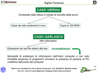 DIRITTO DELL’INFORMATICA E DELLE NUOVE TECNOLOGIE - A.A. 2014/2015 - MASSIMO FARINA
Univ. CA - Corso di Laurea Magistrale in Ingegneria delle Telecomunicazioni
Digital Forensics
41
CASO VIERIKA
Copie dei dati contenenti il virus Copia in CD ROM
Contestato dalla difesa il metodo di raccolta delle prove
CASO GARLASCO
Alibi informatico
Estrazione dei soli file relativi alla tesi incompletezza
Necessità di analizzare le informazioni dell’intero computer e non solo.
Possibile presenza di programmi simulano la presenza di persone al PC,
modifiche dell’orario del computer
 