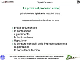 DIRITTO DELL’INFORMATICA E DELLE NUOVE TECNOLOGIE - A.A. 2014/2015 - MASSIMO FARINA
Univ. CA - Corso di Laurea Magistrale in Ingegneria delle Telecomunicazioni
Digital Forensics
7
La prova nel processo civile
principio della tipicità dei mezzi di prova
espressamente previste e disciplinate per legge
o prova documentale
o la confessione
o il giuramento
o la testimonianza
o l'ispezione
o le scritture contabili delle imprese soggette a
registrazione
o la consulenza tecnica
 