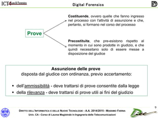 DIRITTO DELL’INFORMATICA E DELLE NUOVE TECNOLOGIE - A.A. 2014/2015 - MASSIMO FARINA
Univ. CA - Corso di Laurea Magistrale in Ingegneria delle Telecomunicazioni
Digital Forensics
9
Costituende, ovvero quelle che fanno ingresso
nel processo con l'attività di assunzione e che,
pertanto, si formano nel corso del processo
Precostituite, che pre-esistono rispetto al
momento in cui sono prodotte in giudizio, e che
quindi necessitano solo di essere messe a
disposizione del giudice
Prove
Assunzione delle prove
disposta dal giudice con ordinanza, previo accertamento:
 dell’ammissibilità - deve trattarsi di prove consentite dalla legge
 della rilevanza - deve trattarsi di prove utili ai fini del giudizio
 