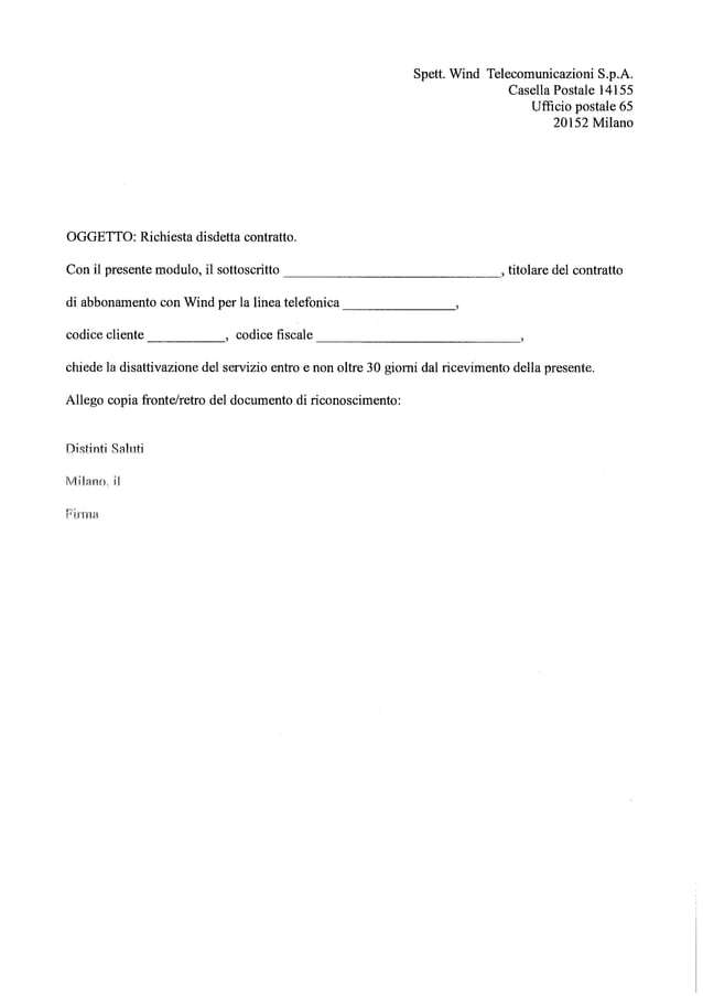Lettera disdetta contratto internet