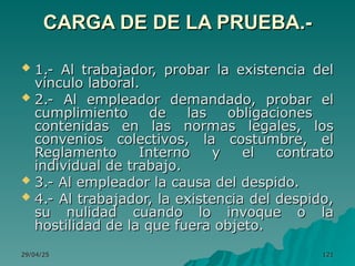 29/04/25
29/04/25 121
121
CARGA DE DE LA PRUEBA.-
CARGA DE DE LA PRUEBA.-
 1.- Al trabajador, probar la existencia del
1.- Al trabajador, probar la existencia del
vínculo laboral.
vínculo laboral.
 2.- Al empleador demandado, probar el
2.- Al empleador demandado, probar el
cumplimiento de las obligaciones
cumplimiento de las obligaciones
contenidas en las normas legales, los
contenidas en las normas legales, los
convenios colectivos, la costumbre, el
convenios colectivos, la costumbre, el
Reglamento Interno y el contrato
Reglamento Interno y el contrato
individual de trabajo.
individual de trabajo.
 3.- Al empleador la causa del despido.
3.- Al empleador la causa del despido.
 4.- Al trabajador, la existencia del despido,
4.- Al trabajador, la existencia del despido,
su nulidad cuando lo invoque o la
su nulidad cuando lo invoque o la
hostilidad de la que fuera objeto.
hostilidad de la que fuera objeto.
 