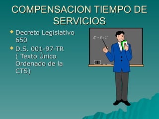 COMPENSACION TIEMPO DE
COMPENSACION TIEMPO DE
SERVICIOS
SERVICIOS
 Decreto Legislativo
Decreto Legislativo
650
650
 D.S. 001-97-TR
D.S. 001-97-TR
( Texto Único
( Texto Único
Ordenado de la
Ordenado de la
CTS)
CTS)
 