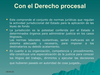 Con el Derecho procesal
 Este comprende el conjunto de normas jurídicas que regulan
la actividad jurisdiccional del Estado para la aplicación de las
leyes de fondo
 La jurisdicción es la potestad conferida por el Estado a
determinados órganos para administrar justicia en los casos
litigiosos.
Las normas laborales sustantivas, serían ineficaces sin el
sistema adecuado y necesario, para imponer a los
destinatarios su debido acatamiento.
 En cuanto a su organización, competencia y procedimiento,
ella constituye una especialización de la justicia para conocer
los litigios del trabajo, dirimirlos y ejecutar las decisiones
que hubieren pasado en autoridad de cosa juzgada.
29/04/25
29/04/25 34
34
 