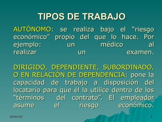 29/04/25
29/04/25 5
5
AUTÓNOMO
AUTÓNOMO: se realiza bajo el “riesgo
: se realiza bajo el “riesgo
económico” propio del que lo hace. Por
económico” propio del que lo hace. Por
ejemplo: un médico al
ejemplo: un médico al
realizar un examen.
realizar un examen.
DIRIGIDO, DEPENDIENTE, SUBORDINADO,
DIRIGIDO, DEPENDIENTE, SUBORDINADO,
O EN RELACIÓN DE DEPENDENCIA
O EN RELACIÓN DE DEPENDENCIA: pone la
: pone la
capacidad de trabajo a disposición del
capacidad de trabajo a disposición del
locatario para que él la utilice dentro de los
locatario para que él la utilice dentro de los
“términos del contrato”. El empleador
“términos del contrato”. El empleador
asume el riesgo económico.
asume el riesgo económico.
TIPOS DE TRABAJO
TIPOS DE TRABAJO
 