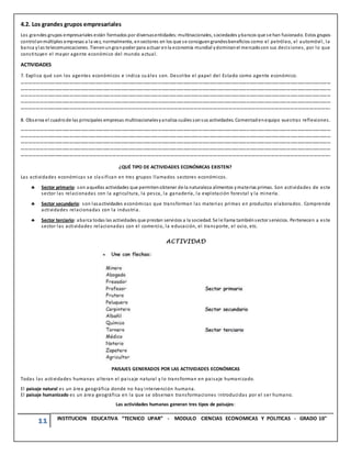 11 INSTITUCION EDUCATIVA “TECNICO UPAR” - MODULO CIENCIAS ECONOMICAS Y POLITICAS - GRADO 10°
4.2. Los grandes grupos empresariales
Los grandes grupos empresariales están formados por diversasentidades: multinacionales, sociedades ybancos que se han fusionado. Estos grupos
controlanmúltiples empresas a la vez, normalmente, ensectores en los que se consiguengrandesbeneficios como el petróleo, el automóvil, la
banca ylas telecomunicaciones. Tienenungranpoder para actuar enla economía mundial ydominanel mercadocon sus decisiones, por lo que
constituyen el mayor agente económico del mundo actual.
ACTIVIDADES
7. Explica qué son los agentes económicos e indica cuáles son. Describe el papel del Estado como agente económico.
………………………………………………………………………………………………………………………………………………………………………………………………………………………………
………………………………………………………………………………………………………………………………………………………………………………………………………………………………
………………………………………………………………………………………………………………………………………………………………………………………………………………………………
………………………………………………………………………………………………………………………………………………………………………………………………………………………………
…………………………………………………………………………………………………………………………………………………………………………………………………………………….
8. Observa el cuadrode las principales empresas multinacionalesyanaliza cuáles sonsus actividades. Comentadenequipo vuestras reflexiones.
………………………………………………………………………………………………………………………………………………………………………………………………………………………………
………………………………………………………………………………………………………………………………………………………………………………………………………………………………
………………………………………………………………………………………………………………………………………………………………………………………………………………………………
………………………………………………………………………………………………………………………………………………………………………………………………………………………………
…………………………………………………………………………………………………………………………………………………………………………………………………………………….
¿QUÉ TIPO DE ACTIVIDADES ECONÓMICAS EXISTEN?
Las actividades económicas se cla sifican en tres grupos llamados sectores económicos.
 Sector primario: son aquellas actividades que permitenobtener de la naturaleza alimentos ymaterias primas. Son actividades de este
sector las relacionadas con la agricultura, la pesca, la ganadería, la explotación forestal y la minería.
 Sector secundario: son lasactividades económicas que transforman las materias primas en productos elaborados. Comprende
actividades relacionadas con la industria.
 Sector terciario: abarca todas las actividades que prestan servicios a la sociedad. Se le llama tambiénsector servicios. Pertenecen a este
sector las actividades relacionadas con el comercio, la educación, el transporte, el ocio, etc.
ACTIVIDAD
PAISAJES GENERADOS POR LAS ACTIVIDADES ECONÓMICAS
Todas las actividades humanas alteran el paisaje natural y lo transforman en paisaje humanizado.
El paisaje natural es un área geográfica donde no hay intervención humana.
El paisaje humanizado es un área geográfica en la que se observan transformaciones introducidas por el ser humano.
Las actividades humanas generan tres tipos de paisajes:
 