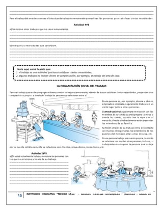 15 INSTITUCION EDUCATIVA “TECNICO UPAR” - MODULO CIENCIAS ECONOMICAS Y POLITICAS - GRADO 10°
………………………………………………………………………………………………………………………………………………………………………………………………………………………………
…………………………………………………………………………………………………………………………………………………………………………………………………………………….
Pero el trabajodel ama de casa noes el únicotipode trabajono remunerado que realizan las personas para satisfacer ciertas necesidades.
Actividad Nº8
a) Mencione otros trabajos que no sean remunerados.
………………………………………………………………………………………………………………………………………………………………………………………………………………………………
………………………………………………………………………………………………………………………………………………………………………………………………………………………………
………………………………………………………………………………………………………………………………………………………………………………………………………………………………
……………………………………………………………………………………………………………………………………………………………………………………………………………………
b) Indique las necesidades que satisfacen.
………………………………………………………………………………………………………………………………………………………………………………………………………………………………
………………………………………………………………………………………………………………………………………………………………………………………………………………………………
………………………………………………………………………………………………………………………………………………………………………………………………………………………………
………………………………………………………………………………………………………………………………………………………………………………………………………………………………
…………………………………………………………………………………………………………………………………………………………………………………………………………………….
LA ORGANIZACIÓN SOCIAL DEL TRABAJO
Tanto el trabajo que recibe una paga endinero como el trabajono remunerado, además de buscar satisfacer ciertasnecesidades, presentan otra
característica propia: a través del trabajo las personas se relacionan entre sí.
Si una persona es, por ejemplo, obrera u obrero,
empleadoo empleada, seguramente trabaja en un
cierto lugar junto a otras personas.
El amade casa trabaja siempre enrelación con los
miembros de sufamilia:cuandoprepara la mesa o
tiende las camas, cuando lava la ropa o va al
mercado, directa o indirectamente estánpresentes
los miembros de su familia.
También a través de su trabajo entra en contacto
con muchas otras personas:los vendedores de los
puestos del mercado, otras amas de casa, etc.
Si una persona trabaja por cuenta propia, también
se relaciona con muchas otras personas, incluso, si
trabaja sola ensu negocio. La persona que trabaja
por su cuenta cotidianamente se relaciona con clientes, proveedores, inspectores, etc.
Actividad Nº9
a) Si ustedactualmente trabaja, mencione las personas con
las que se relaciona a través de su trabajo.
…………………………………………………………………………………………
…………………………………………………………………………………………
…………………………………………………………………………………………
…………………………………………………………………………………………
…………………………………………………………………………………………
…………………………………………………………………………………………
…………………………………………………………………………………………
……………………………………………………………………………………..
Hasta aquí, usted ha visto que:
1. el trabajo es una actividad que busca satisfacer ciertas necesidades;
2. algunos trabajos no reciben dinero en compensación; por ejemplo, el trabajo del ama de casa.
 