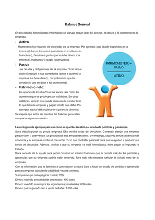 Balance General
En los estados financieros la información se agrupa según sean los activos, el pasivo o el patrimonio de la
empresa.
?Activo
Representa los recursos de propiedad de la empresa. Por ejemplo: caja (saldo disponible en la
empresa), banco (recursos guardados en instituciones
financieras), deudores (gente que le debe dinero a la
empresa), máquinas y equipo (valorizados).
?Pasivo
Las deudas y obligaciones de la empresa. Todo lo que
debe el negocio a sus acreedores (gente a quienes la
empresa les debe dinero), por préstamos que ha
tomado (lo que se debe a los acreedores).
?Patrimonio neto:
los aportes de los dueños o los socios, así como los
aumentos que se producen por utilidades. En otras
palabras, sería lo que queda después de vender todo
lo que tiene la empresa y pagar todo lo que debe. Por
ejemplo: capital del propietario y ganancia obtenida.
Se espera que entre las cuentas del balance general se
cumpla la siguiente relación:
Lee el siguiente ejemplo para ver cómo es que Sara realizó su estado de pérdidas y ganancias.
Sara decidió poner su propia empresa. Ella vendía tortas de chocolate. Comenzó siendo una empresa
pequeña en la cual vendía sus productos a sus amigos del barrio. Sin embargo, cada vez se fue haciendo más
conocida y su empresa continuó creciendo. Tuvo que contratar personal para que la ayuden a producir sus
tortas de chocolate. Además, debido a que su empresa ya está formalizada, debe pagar un impuesto al
Estado.
Sara necesita de tu ayuda para poder construir un estado financiero que le permita calcular las pérdidas y
ganancias que su empresa podría estar teniendo. Para esto ella necesita calcular la utilidad neta de su
empresa.
Con la información que te daremos a continuación ayuda a Sara a hacer un estado de pérdidas y ganancias
para su empresa calculando la Utilidad Neta de la misma.
% impuesto que debe pagar al Estado: 20%
Dinero invertido en sueldos de empleados: 400 soles
Dinero invertido en comprar los ingredientes y materiales: 600 soles
Dinero que ha ganado con la venta de tortas: 3 000 soles
 