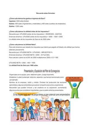 Recuerda estas fórmulas:
¿Cómo calculamos los gastos e ingresos de Sara?
Ingresos: 3000 soles (tortas)
Gastos: 600 soles (ingredientes y materiales) y 400 soles (sueldos de empleados)
Gastos =1000 soles
¿Cómo calculamos la utilidad antes de los impuestos?
Recuerda que: UTILIDAD (antes de los impuestos) = INGRESOS - GASTOS
Entonces tenemos: UTILIDAD (antes de los impuestos) = 3000 – 1000 = 2000
La utilidad antes de los impuestos de Sara es de 2000 soles
¿Cómo calculamos la Utilidad Neta?
Para esto tenemos que restarle los impuestos que habrá que pagarle al Estado a la utilidad que hemos
obtenido previamente.
Recuerda que: UTILIDAD NETA = UTILIDAD – IMPUESTOS %.
Entonces tenemos: UTILIDAD NETA = 2000 – 20 %(2 000).
Para calcular cuánto es el 20% de 2000 multiplicamos 2000 x 0.2 = 400
UTILIDAD NETA = 2000 – 400 = 1600
La utilidad final de Sara son 1600 soles.
Organízate con tu equipo para elaborar tu plan y luego exponerla.
Al elaborar tu plan contempla todos los aspectos que hemos mencionado como
por ejemplo:
Nombre de la empresa, visión y misión, Proceso de producción las lecciones
aprendidas y algunas anécdotas que quieran compartir acerca de su experiencia.
Recuerden que pueden innovar y ser creativos en su exposición, aumentando
algunos puntos que consideren importantes y que no estén entre los presentados.
PresentaciónyExposicióndelPlandeEconegocios
MI PLAN DE
ECONEGOCIOS
Si has llegado hasta aquí es porque tienes un gran potencial como emprendedors
 