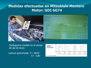 Oscilograma medido en el sensor
de eje de levas:
Lectura aproximada: T= 20mS
V= 5,8V
Medidas efectuadas en Mitsubishi Montero
Motor: GDI 6G74
 