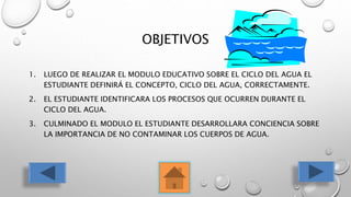 OBJETIVOS
1. LUEGO DE REALIZAR EL MODULO EDUCATIVO SOBRE EL CICLO DEL AGUA EL
ESTUDIANTE DEFINIRÁ EL CONCEPTO, CICLO DEL AGUA, CORRECTAMENTE.
2. EL ESTUDIANTE IDENTIFICARA LOS PROCESOS QUE OCURREN DURANTE EL
CICLO DEL AGUA.
3. CULMINADO EL MODULO EL ESTUDIANTE DESARROLLARA CONCIENCIA SOBRE
LA IMPORTANCIA DE NO CONTAMINAR LOS CUERPOS DE AGUA.
 