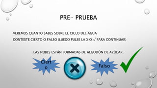 PRE- PRUEBA
VEREMOS CUANTO SABES SOBRE EL CICLO DEL AGUA
CONTESTE CIERTO O FALSO (LUEGO PULSE LA X O √ PARA CONTINUAR)
LAS NUBES ESTÁN FORMADAS DE ALGODÓN DE AZÚCAR.
Ciert
o Falso
 