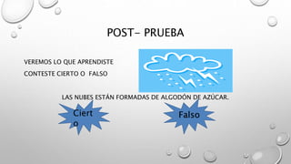 POST- PRUEBA
VEREMOS LO QUE APRENDISTE
CONTESTE CIERTO O FALSO
LAS NUBES ESTÁN FORMADAS DE ALGODÓN DE AZÚCAR.
Ciert
o
Falso
 