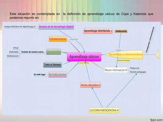 Esta situación es contemplada en la definición de aprendizaje ubicuo de Cope y Kalantzis que
podemos resumir en:
 