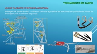 TREINAMENTO EM CAMPO
USO DO TALABARTE E PONTOS DE ANCORAGEM
Montagem de “linhas de vida” – cordas ou cabos de aço fixados em estruturas que proporcionam pontos de
ancoragem para os cintos de segurança.
 