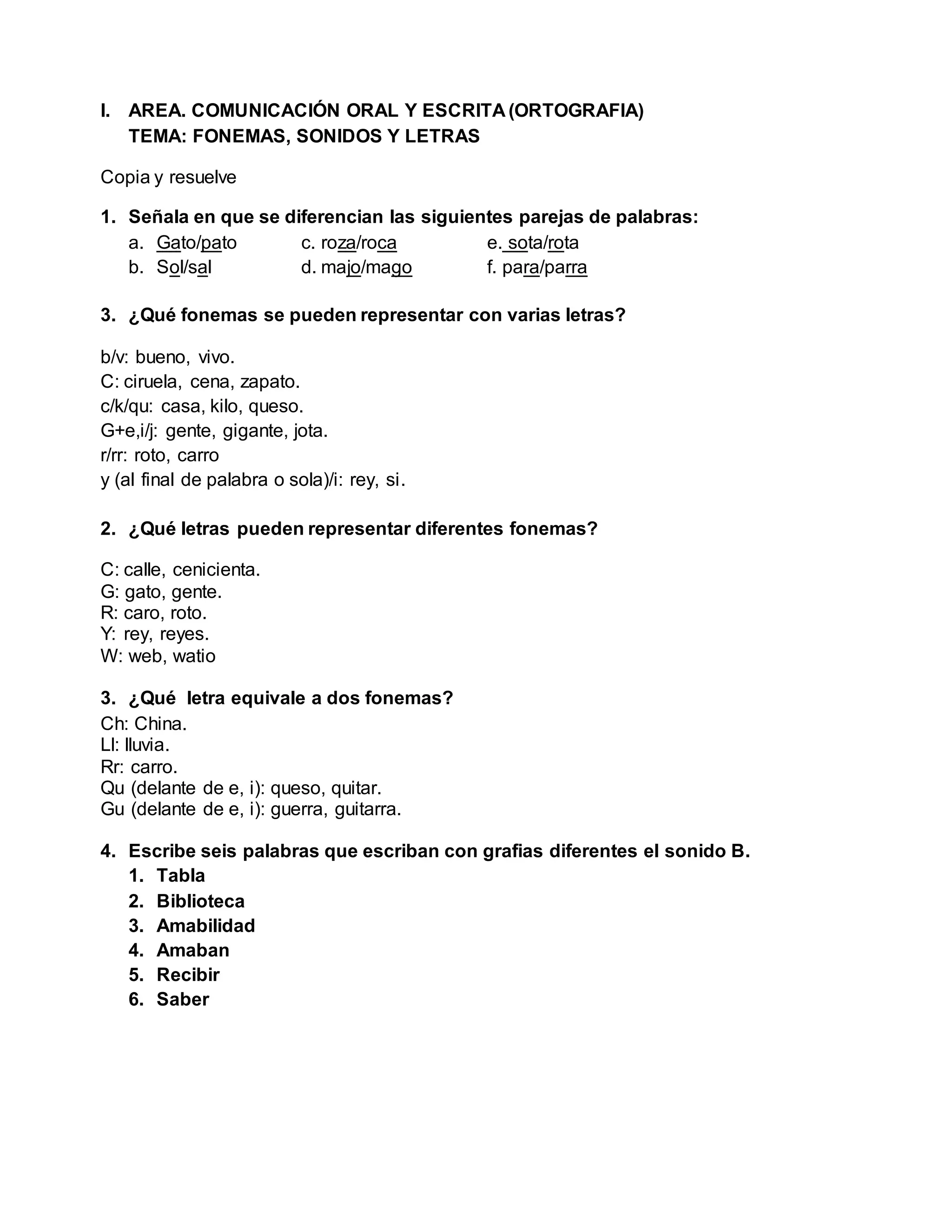 I. AREA. COMUNICACIÓN ORAL Y ESCRITA (ORTOGRAFIA)
TEMA: FONEMAS, SONIDOS Y LETRAS
Copia y resuelve
1. Señala en que se diferencian las siguientes parejas de palabras:
a. Gato/pato c. roza/roca e. sota/rota
b. Sol/sal d. majo/mago f. para/parra
3. ¿Qué fonemas se pueden representar con varias letras?
b/v: bueno, vivo.
C: ciruela, cena, zapato.
c/k/qu: casa, kilo, queso.
G+e,i/j: gente, gigante, jota.
r/rr: roto, carro
y (al final de palabra o sola)/i: rey, si.
2. ¿Qué letras pueden representar diferentes fonemas?
C: calle, cenicienta.
G: gato, gente.
R: caro, roto.
Y: rey, reyes.
W: web, watio
3. ¿Qué letra equivale a dos fonemas?
Ch: China.
Ll: lluvia.
Rr: carro.
Qu (delante de e, i): queso, quitar.
Gu (delante de e, i): guerra, guitarra.
4. Escribe seis palabras que escriban con grafias diferentes el sonido B.
1. Tabla
2. Biblioteca
3. Amabilidad
4. Amaban
5. Recibir
6. Saber
 