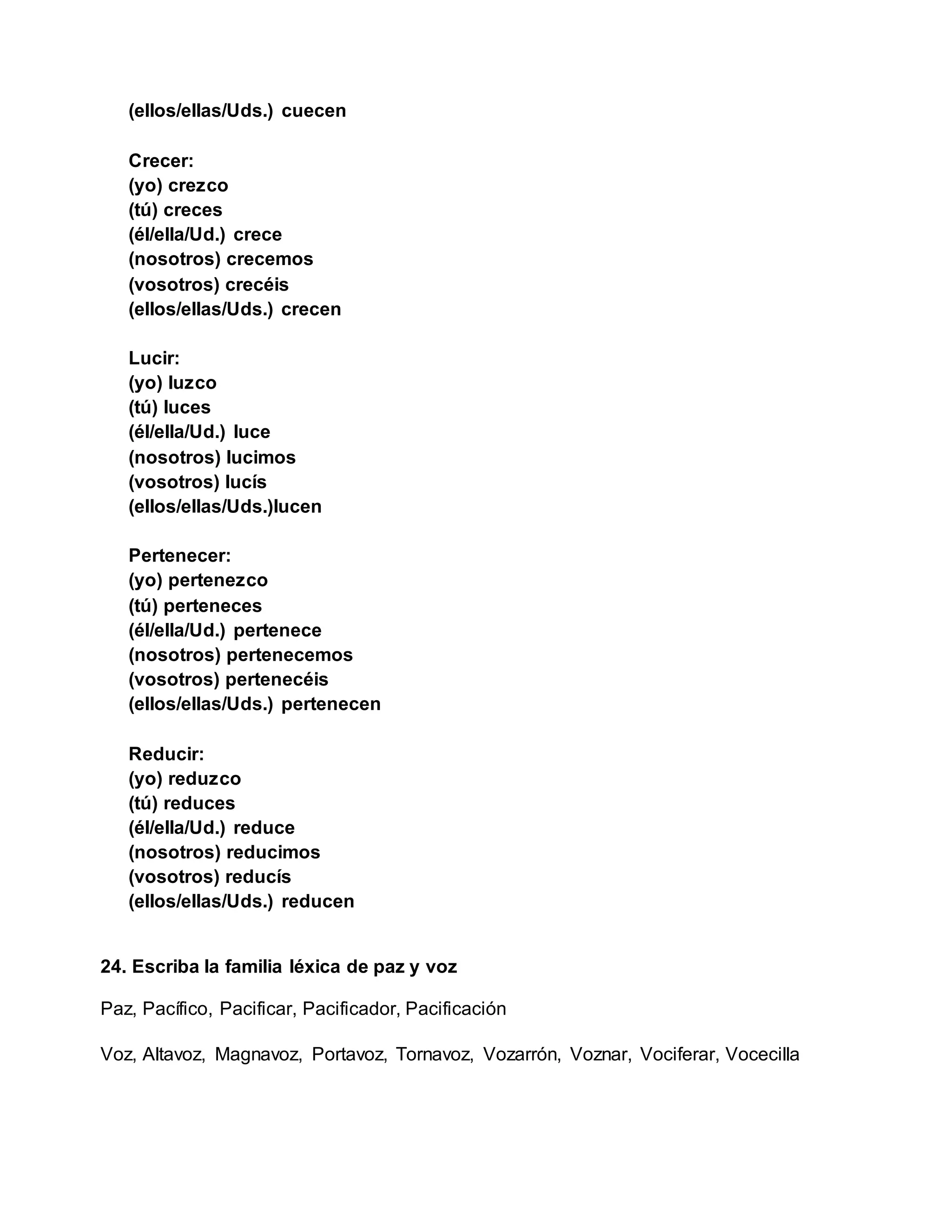 (ellos/ellas/Uds.) cuecen
Crecer:
(yo) crezco
(tú) creces
(él/ella/Ud.) crece
(nosotros) crecemos
(vosotros) crecéis
(ellos/ellas/Uds.) crecen
Lucir:
(yo) luzco
(tú) luces
(él/ella/Ud.) luce
(nosotros) lucimos
(vosotros) lucís
(ellos/ellas/Uds.)lucen
Pertenecer:
(yo) pertenezco
(tú) perteneces
(él/ella/Ud.) pertenece
(nosotros) pertenecemos
(vosotros) pertenecéis
(ellos/ellas/Uds.) pertenecen
Reducir:
(yo) reduzco
(tú) reduces
(él/ella/Ud.) reduce
(nosotros) reducimos
(vosotros) reducís
(ellos/ellas/Uds.) reducen
24. Escriba la familia léxica de paz y voz
Paz, Pacífico, Pacificar, Pacificador, Pacificación
Voz, Altavoz, Magnavoz, Portavoz, Tornavoz, Vozarrón, Voznar, Vociferar, Vocecilla
 