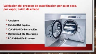 •Ambiente
•Calidad Del Equipo
•IQ Calidad De Instalación
•OQ Calidad De Operación
•PQ Calidad De Proceso
Validación del proceso de esterilización por calor seco,
por vapor, oxido de etileno
 