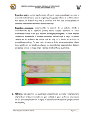 DIRECCION NACIONAL DE POLICIA JUDICIAL E INVESTIGACIONES
II CURSO VIRTUAL DE BALISTICA

Encendido pobre: cuando la potencia del fulminante no es adecuada para provocar el
encendido instantáneo de toda la carga impulsiva; puede deberse a un fulminante en
mal estado, de material muy duro, o un muelle real débil. Las consecuencias son
presiones aleatorias en el ánima o retardos de fuego.
Encendido prematuro: autoencendido no deseado de un cartucho debido al
recalentamiento de la recámara (cañón). Puede suceder fácilmente en armas
automáticas livianas en las que, después de ráfagas prolongadas, el cañón adquiere
una elevada temperatura. Si en tales condiciones se interrumpe el fuego y queda un
cartucho en la recámara, es factible que en muy poco tiempo se produzca su
encendido espontáneo. Por esta razón, la mayoría de las armas automáticas livianas
tienen acción con cerrojo abierto, algunas con capacidad de fuego selectivo, disparan
con cerrojo cerrado en fuego simple y cerrojo abierto en fuego automático.

2. Pólvoras: los explosivos son sustancias susceptibles de quemarse vertiginosamente
originando en tal descomposición una gran cantidad de gases a elevada temperatura,
los que producen presión con el objeto de obtener el efecto deseado (desplazamiento
del proyectil).

TUTOR: ING. JORGE MALLITASIG ENDARA

Página -

22 -

 