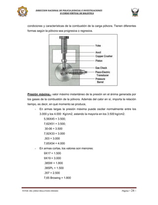 DIRECCION NACIONAL DE POLICIA JUDICIAL E INVESTIGACIONES
II CURSO VIRTUAL DE BALISTICA

condiciones y características de la combustión de la carga pólvora. Tienen diferentes
formas según la pólvora sea progresiva o regresiva.

Presión máxima.- valor máximo instantáneo de la presión en el ánima generada por
los gases de la combustión de la pólvora. Además del calor en sí, importa la relación
tiempo, es decir, en qué momento se produce,
-

En armas largas la presión máxima puede oscilar normalmente entre los
3.000 y los 4.000 Kg/cm2, estando la mayoría en los 3.500 kg/cm2.
5,56X45 = 3.500;
7,62X51 = 3.500;
30-06 = 3.500
7,92X33 = 3.000
.303 = 3.000
7,65X54 = 4.000

-

En armas cortas, los valores son menores:
9X17 = 1.500
9X19 = 3.000
.38SW = 1.800
.38SPL = 1.500
.357 = 2.500
7,65 Browing = 1.800

TUTOR: ING. JORGE MALLITASIG ENDARA

Página -

24 -

 