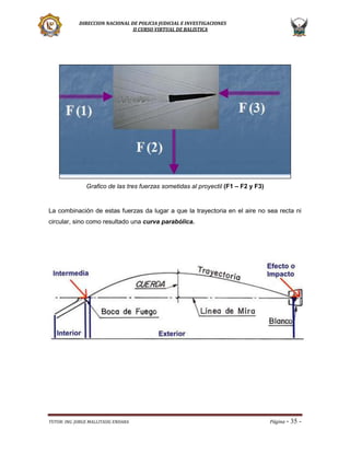 DIRECCION NACIONAL DE POLICIA JUDICIAL E INVESTIGACIONES
II CURSO VIRTUAL DE BALISTICA

Grafico de las tres fuerzas sometidas al proyectil (F1 – F2 y F3)

La combinación de estas fuerzas da lugar a que la trayectoria en el aire no sea recta ni
circular, sino como resultado una curva parabólica.

TUTOR: ING. JORGE MALLITASIG ENDARA

Página -

35 -

 
