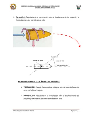 DIRECCION NACIONAL DE POLICIA JUDICIAL E INVESTIGACIONES
II CURSO VIRTUAL DE BALISTICA

 Parabólico.- Resultante de la combinación entre el desplazamiento del proyectil y la
fuerza de gravedad ejercida sobre este.

EN ARMAS DE FUEGO CON ÁNIMA LISA (escopeta):
 TRASLACION: Espacio físico medible existente entre la boca de fuego del
arma y el sitio de impacto.
 PARABOLICO: Resultante de la combinación entre el desplazamiento del
proyectil y la fuerza de gravedad ejercida sobre este.

TUTOR: ING. JORGE MALLITASIG ENDARA

Página -

42 -

 