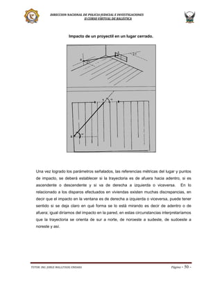 DIRECCION NACIONAL DE POLICIA JUDICIAL E INVESTIGACIONES
II CURSO VIRTUAL DE BALISTICA

Impacto de un proyectil en un lugar cerrado.

Una vez logrado los parámetros señalados, las referencias métricas del lugar y puntos
de impacto, se deberá establecer si la trayectoria es de afuera hacia adentro, si es
ascendente o descendente y si va de derecha a izquierda o viceversa.

En lo

relacionado a los disparos efectuados en viviendas existen muchas discrepancias, en
decir que el impacto en la ventana es de derecha a izquierda o viceversa, puede tener
sentido si se deja claro en qué forma se lo está mirando es decir de adentro o de
afuera; igual diríamos del impacto en la pared, en estas circunstancias interpretaríamos
que la trayectoria se orienta de sur a norte, de noroeste a sudeste, de sudoeste a
noreste y así.

TUTOR: ING. JORGE MALLITASIG ENDARA

Página -

50 -

 