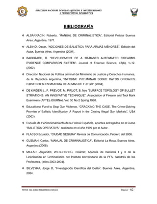 DIRECCION NACIONAL DE POLICIA JUDICIAL E INVESTIGACIONES
II CURSO VIRTUAL DE BALISTICA

BIBLIOGRAFÍA
 ALBARRACIN, Roberto, “MANUAL DE CRIMINALÍSTICA”, Editorial Policial Buenos
Aires, Argentina, 1971.
 ALBINO, Oscar, “NOCIONES DE BALISTICA PARA ARMAS MENORES”, Edición del
Autor, Buenos Aires, Argentina (2004).
 BACHRACH, B. “DEVELOPMENT OF A 3D-BASED AUTOMATED FIREARMS
EVIDENCE COMPARISON SYSTEM”. Journal of Forensic Science, 47(6), 1–12.
(2002).
 Dirección Nacional de Política criminal del Ministerio de Justicia y Derechos Humanos,
de la República Argentina, “INFORME PRELIMINAR SOBRE DATOS OFICIALES
EXISTENTES EN MATERIA DE ARMAS DE FUEGO” (2004).
 DE KINDER J., P. PREVOT, M. PIRLOT, B. Nys "SURFACE TOPOLOGY OF BULLET
STRIATIONS: AN INNOVATIVE TECHNIQUE", Association of Firearm and Tool Mark
Examiners (AFTE) JOURNAL Vol. 30 No 2 Spring 1998.
 Educational Fund to Stop Gun Violence, “CRACKING THE CASE, The Crime-Solving
Promise of Ballistic Identification A Report in the Closing Illegal Gun Markets”, USA
(2003).
 Escuela de Perfeccionamiento de la Policía Española, apuntes entregados en el Curso
“BALISTICA OPERATIVA”, realizado en el año 1999 por el Autor.
 FLACSO Ecuador, “CIUDAD SEGURA” Revista de Comunicación, Febrero del 2006.
 GUZMAN, Carlos, “MANUAL DE CRIMINALISTICA”, Editorial La Roca, Buenos Aires,
Argentina (2006).
 MILLAR, Alejandro; WESCHBERG, Ricardo; Apuntes de Balística I y II de la
Licenciatura en Criminalística del Instituto Universitario de la PFA, cátedras de los
Profesores, (años 2003-2004).
 SILVEYRA, Jorge O, “Investigación Científica del Delito”, Buenos Aires, Argentina,
2004.

TUTOR: ING. JORGE MALLITASIG ENDARA

Página -

62 -

 
