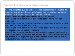 Principios de la Economía de los movimientos Los movimientos que se utilizan en las operaciones manuales de manufactura se clasifican en 5 clases, con respecto al consumo de energía y tiempo que conlleva el movimiento.  Clase 1 sólo incluyen movimiento en el o los dedos.  Clase 2 incluyen movimiento desde los dedos hasta la o las muñecas.  Clase 3 incluyen movimientos desde los dedos hasta la parte baja del brazo, es decir hasta el codo.  Clase 4 incluyen movimientos desde los dedos hasta la parte alta del brazo, es decir hasta el hombro.  Clase 5 incluyen los demás movimientos del cuerpo, es decir, los que vayan desde los dedos hasta cualquier músculo no incluido en los brazos. Esto significa que el movimiento puede incluir cuello, cintura, tronco, muslo, rodilla y/o tobillo.  