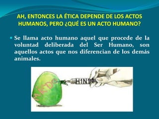 AH, ENTONCES LA ÉTICA DEPENDE DE LOS ACTOS
  HUMANOS, PERO ¿QUÉ ES UN ACTO HUMANO?

 Se llama acto humano aquel que procede de la
 voluntad deliberada del Ser Humano, son
 aquellos actos que nos diferencian de los demás
 animales.
 