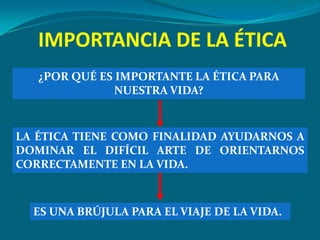 IMPORTANCIA DE LA ÉTICA
   ¿POR QUÉ ES IMPORTANTE LA ÉTICA PARA
               NUESTRA VIDA?


LA ÉTICA TIENE COMO FINALIDAD AYUDARNOS A
DOMINAR EL DIFÍCIL ARTE DE ORIENTARNOS
CORRECTAMENTE EN LA VIDA.



  ES UNA BRÚJULA PARA EL VIAJE DE LA VIDA.
 